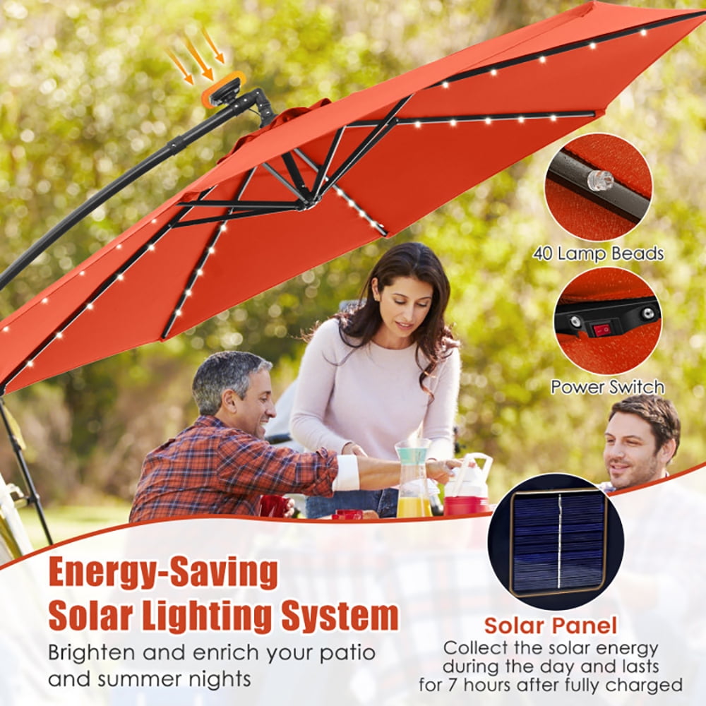 Aimee Lii 10 Feet Solar Offset Hanging Umbrella with 40 Lamp Beads and Solar Panel, Sunbrella Patio Umbrellas, Orange