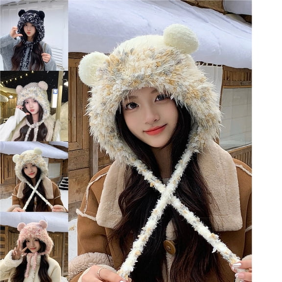Women Winter Sherpa Beanie Hats Knit Ear Flap Fleece Lined Peruvian Ski Snow Cap Warm Covering Ears Ponytail Hat White Free
