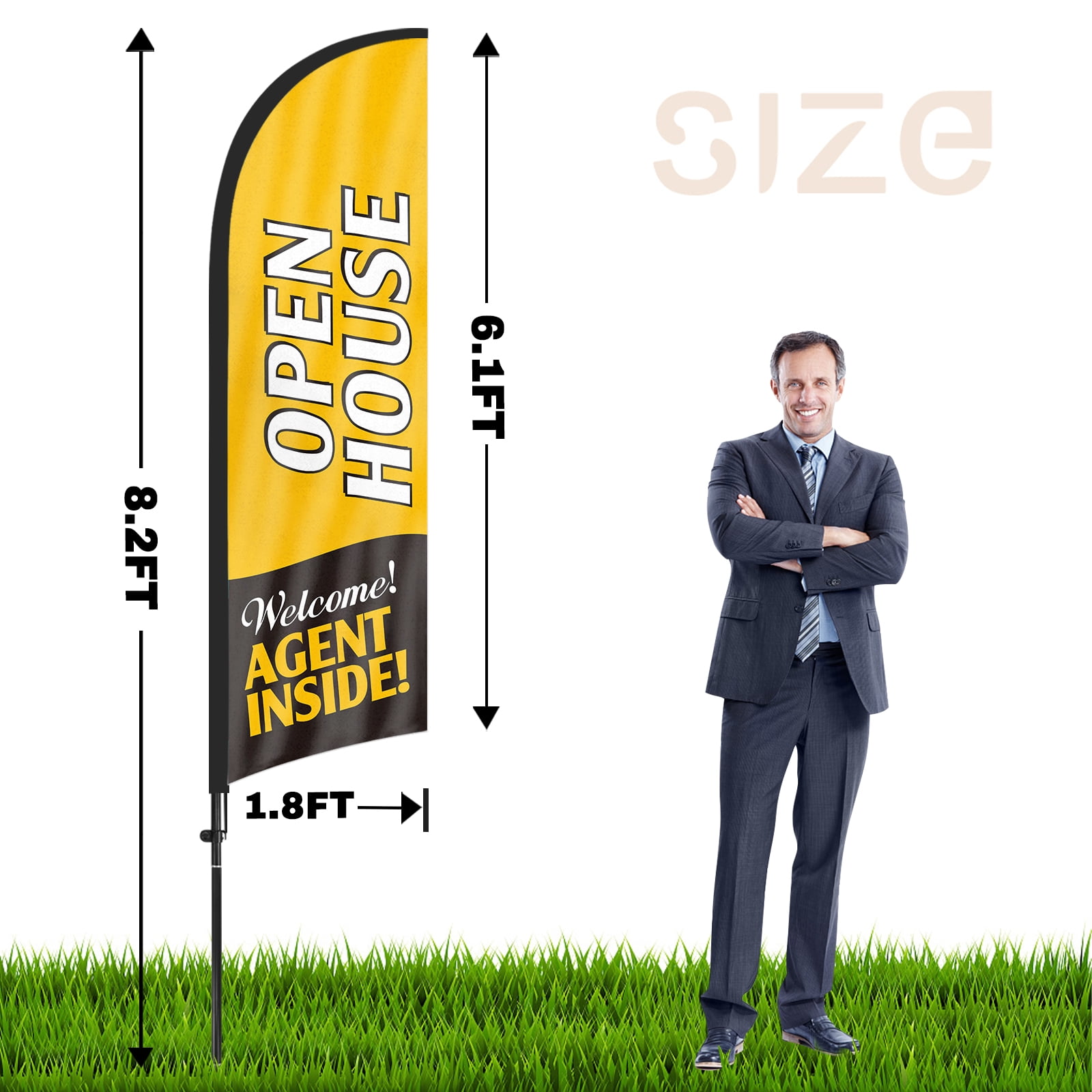 QSUM Open House Feather Flag with Flag Pole Kit and Ground Spike, 7FT Open House Windless Flag Banner Sign Business for Welcome Agent Inside Outdoor Advertising Sign Decoration Display（Orange）
