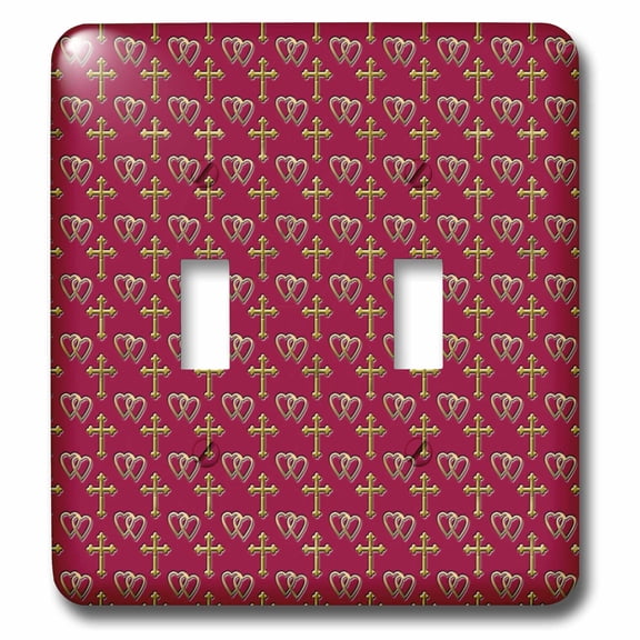 3dRose, Small gold entwined hearts and cross on a maroon or burgundy background., double toggle switch