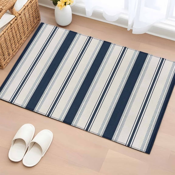 2x3 Ft Entryway Area Rug, Navy Blue Beige Kitchen Rug Runner Washable Floor Mat, Retro Simple Abstract Vertical Stripes Non Slip Indoor Door Mat Throw Carpet for Bathroom Living Room Bedroom