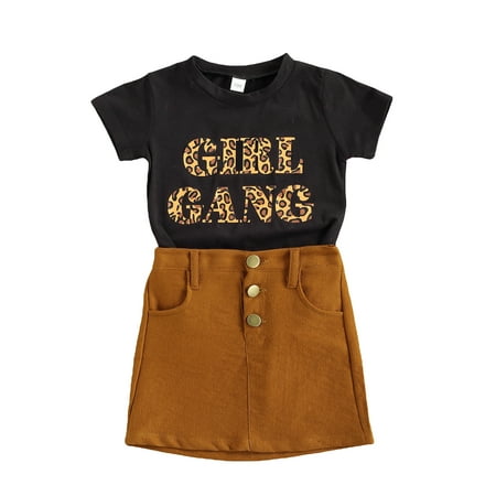 

Canrulo Summer Kids Girls Clothes Leopard Letter Print Short Sleeve T Shirts A-Line Pocket Skirt Sets Wheat 4-5 Years