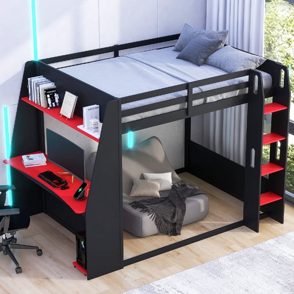 Full Size Wooden Gaming Bunk Bed Frame with Desk and Convertible Underbed Space, LED Light Modern Wood Bunk Bed with 2 Storage Shelves and USB and for Bedroom,Dorm, Mattress Not Included,Black Red