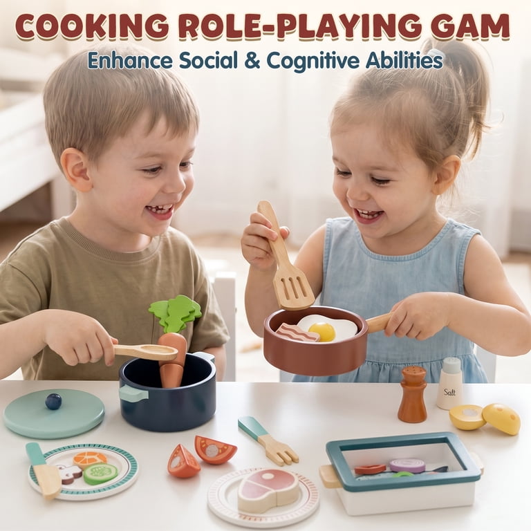 OROLIVING Wooden Kitchen Play Set with Cutting Food & Cookware photo 6