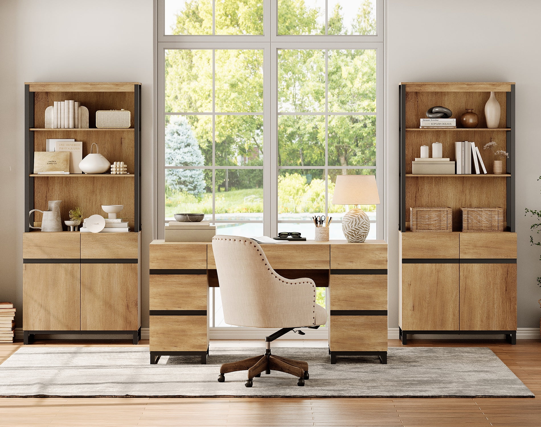WAMPAT Home Office Furniture Set: 59in Modern Executive Desk with Charging Station & Drawers and 2 PCS 72in Tall Bookcases with Storage Cabinet, Home Office Furniture for Living Room, Oak