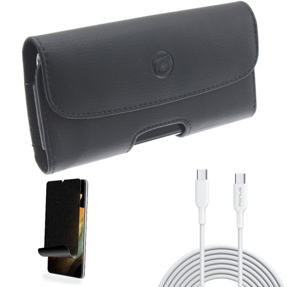 10ft Long Type-C Cable & Case Belt Clip & Privacy Screen Protector for Samsung Galaxy S22 Plus (S22 ) - Combo Fast Charger Cord PD Power & Leather Holster Cover & TPU Film (Fingerprint) Anti-Peep
