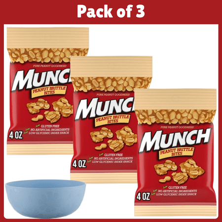 Pack of 3 Munch Peanut Brittle Bites - 4.0 oz Bag-With Bowl by Mahad