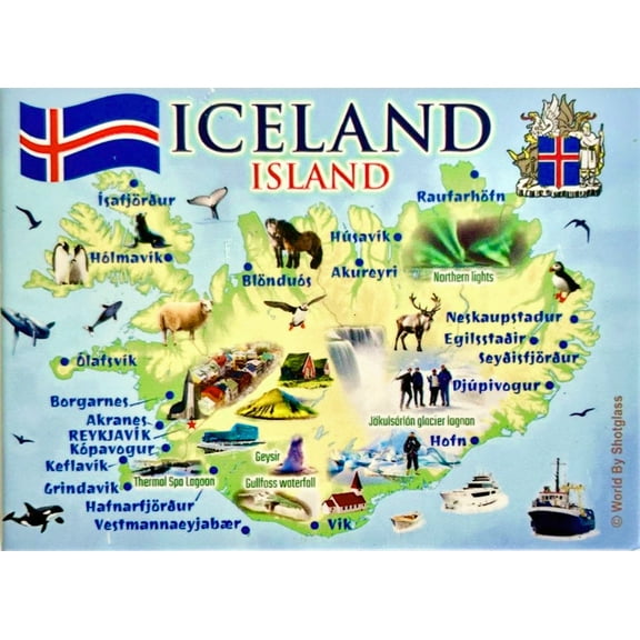 Iceland Graphic Map and Attractions Souvenir Fridge Magnet 2.5" X 3.5"