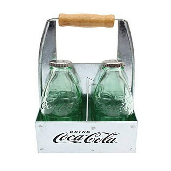 Tablecraft Coca-Cola 1 oz Salt & Pepper Shaker Set, (2) Glass Shakers, Galvanized Metal Caddy, 2‚Öú x 3 x 6¬Ω