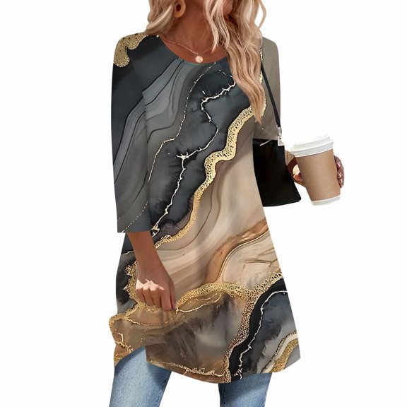 EchfiProm Womens Gold Tops Fall Crew Neck Shirts Dressy 3/4 Sleeve Tunic Blouse Graphic for Ladies Long