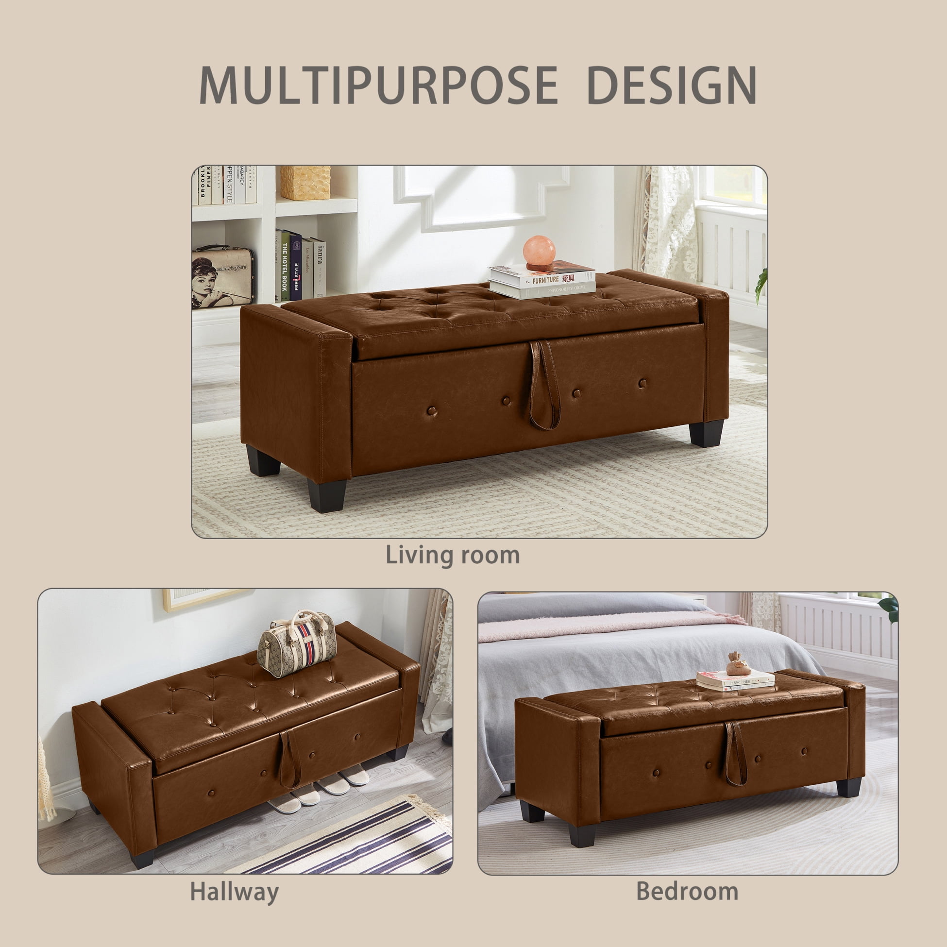 48" Storage Ottoman Bench, Upholstered Faux Leather Entryway Bench with Seating, Tufted Large End of Bed Ottomans for Living Room, Bedroom, Holds up to 300 lb, Brown