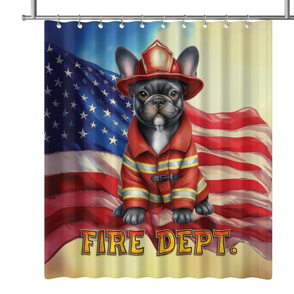 Firefighter French Bulldog Hero Rescue Fire Dept Fireman USA Flag Shower Curtain Dog Lover Gifts Waterproof Bathroom Bathtub Curtain - 02026