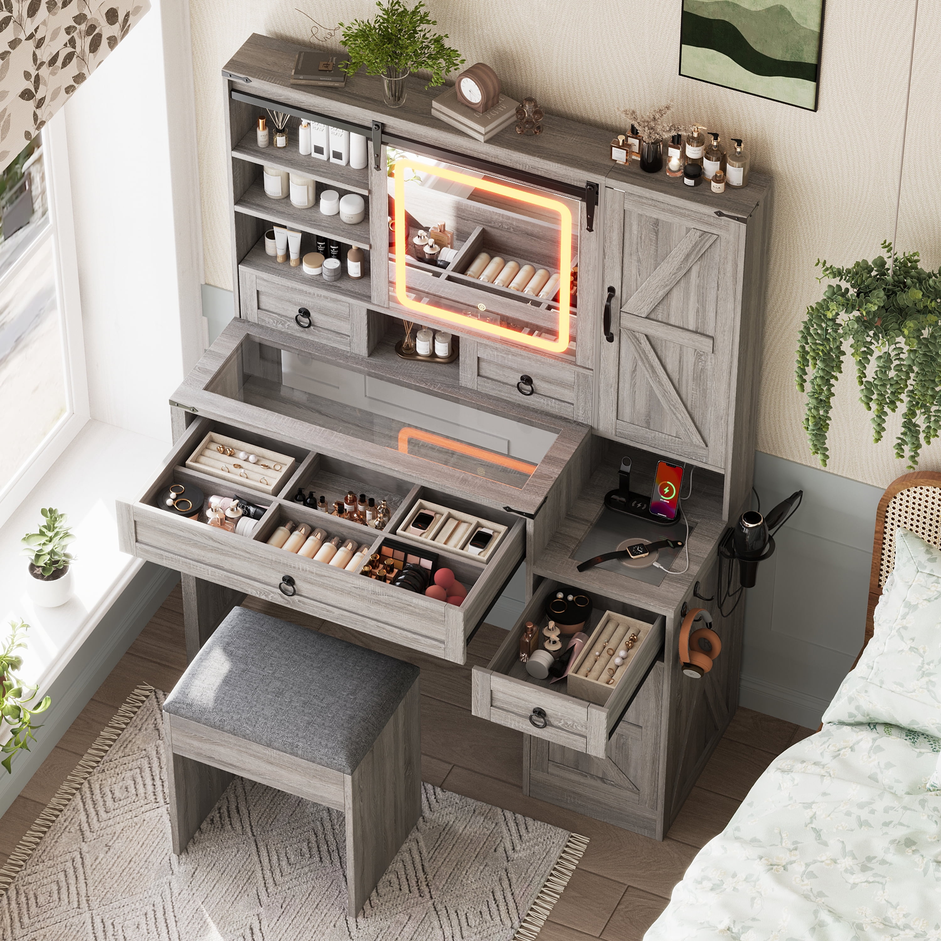 Euroco Farmhouse Vanity Desk with Sliding Mirror and Lights, Vanity Set with Glass Top and Charging Station ,Dressing Table with 4 Drawers and 2 Cabinets, Dressing Table with Stool