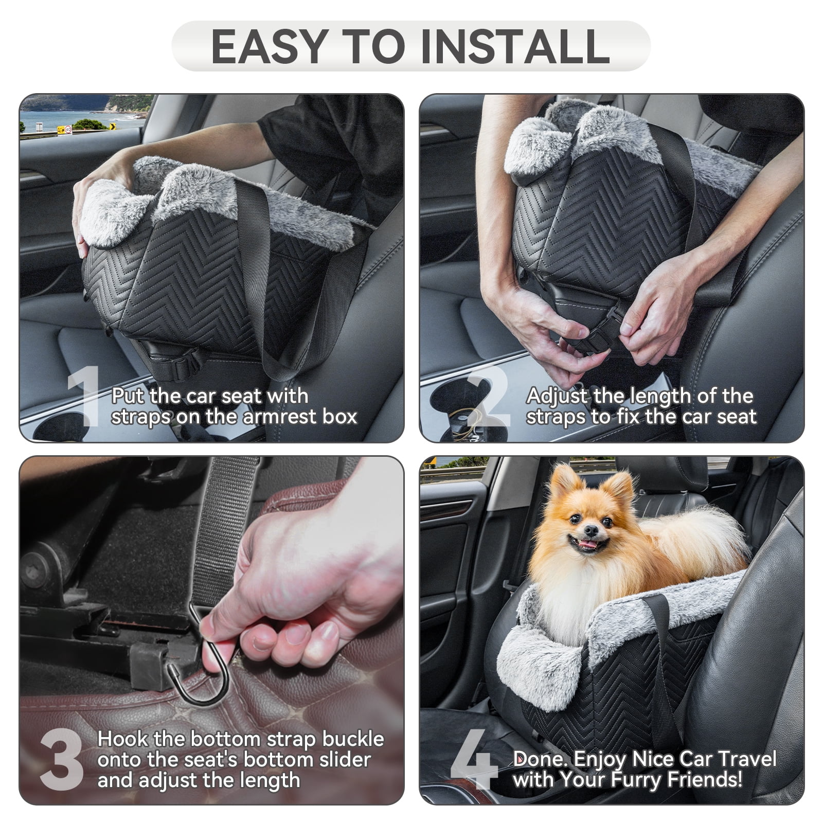 PETSFIT Center Console Dog Car Seat, Portable Car Seat for Dogs with Safe Protective Hooks, Luxury Dog Car Seats for Small Dogs, Dog Car Carrier Includes Safety Tether for Pets Up to 12 lbs (Black)