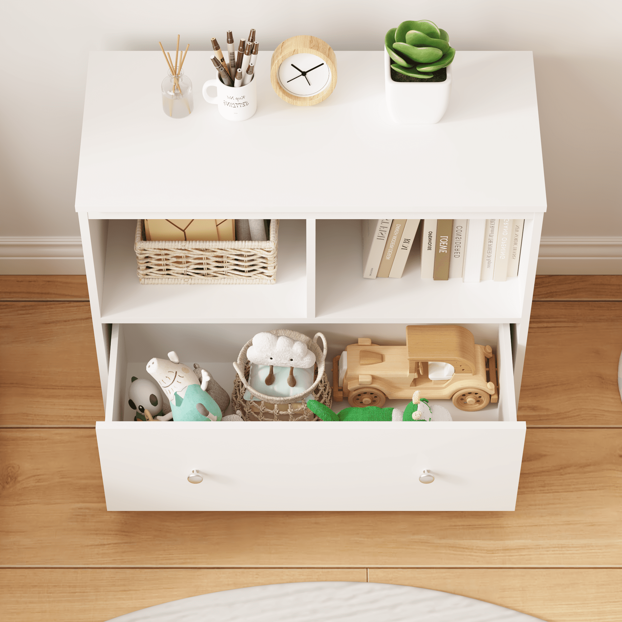 Kids Furniture Kids Toy Storage Organizer with Large Drawer, Low Bookshelf for Nursery & Playroom, Wooden Kids Cabinet for Books and Toys, White,Baby Furniture