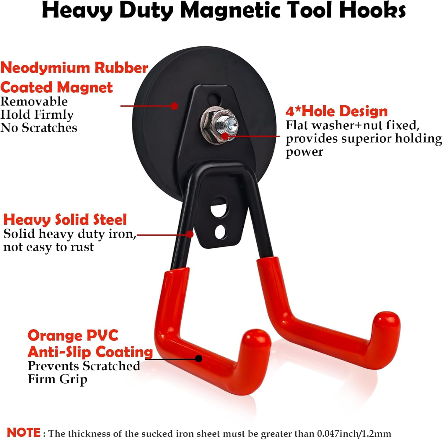 RGHJAR-Heavy Duty Magnetic Hooks – Strong Storage Utility Magnet Hook with Anti-Slip Rubber Coating for Power Tools, Garden Equipment, Pegboard, Garage & Workshop Use (Medium Hook - 2 Pack)