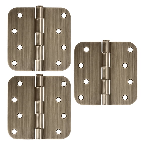 Antique Brass Steel Plain Bearing Door Hinge with Removable Pin, 4 x 4 in. 5/8 in. Radius, 3-Pack