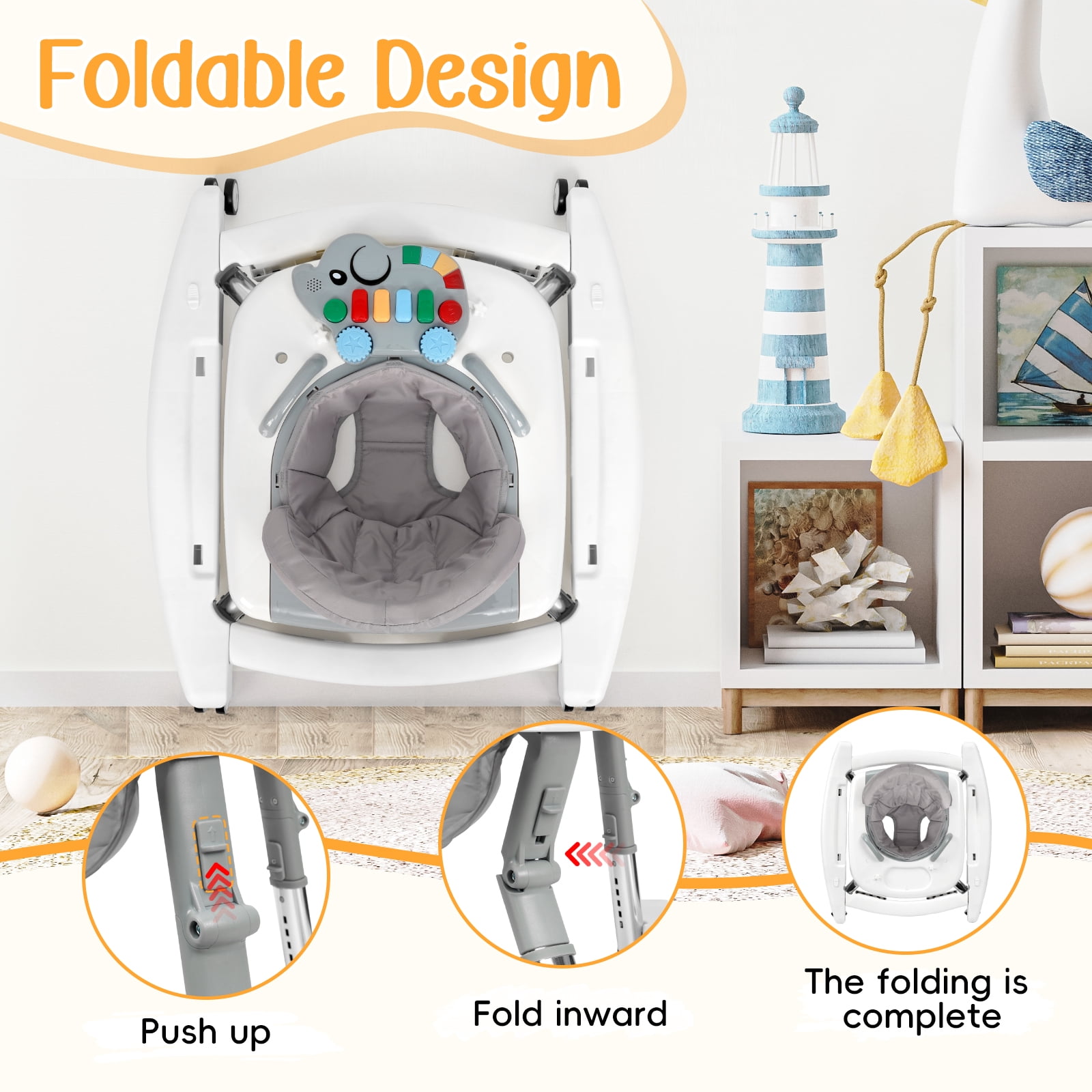 XIOYIG 5 in 1 Baby Walker, Music and Lights Walker for Baby Boy Girls 6-18 Months, Foldable Baby Walkers with Wheels and Bouncer Combo Portable, Toddler Infant Walker with Adjustable Height