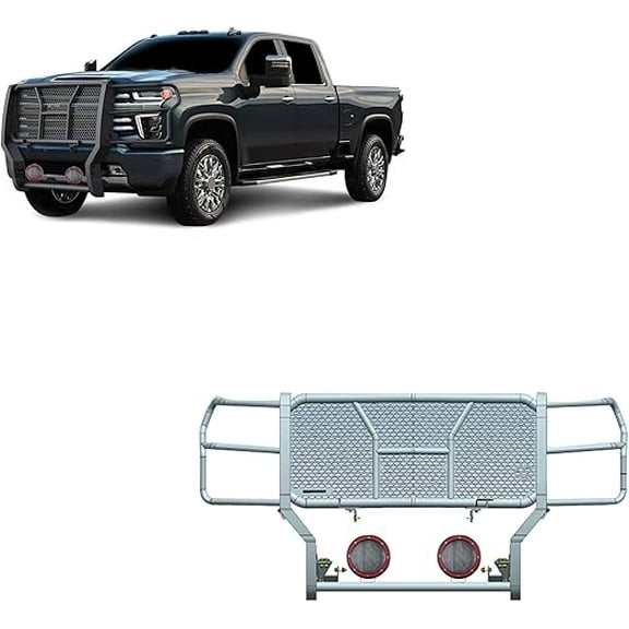 Black Horse RUGGED Heavy Duty Grille Brush Bumper Guard Modular Black Come With Pair of 5.3" Dia.LED Lights with Red Trim Rings Compatible with 2020-2024 Silverado 3500 HD/2500 HD-RU-CHSI30-B-PLFR