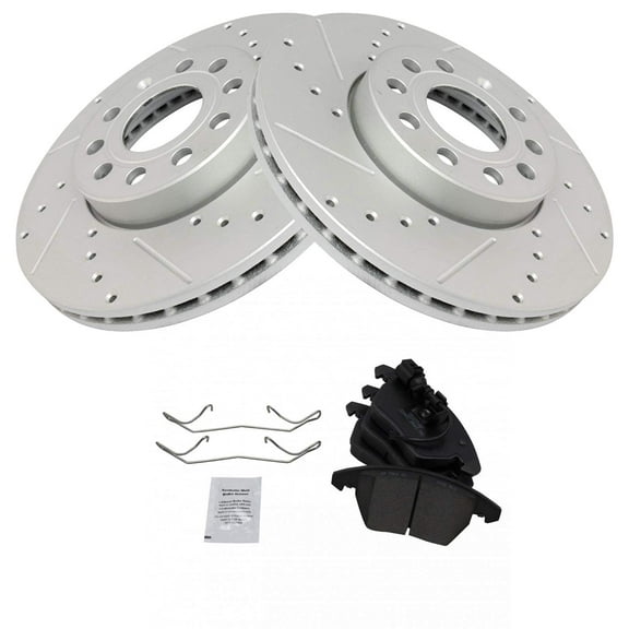 TRQ Front Ceramic Brake Pad & Performance Drilled Slotted Coated Rotor