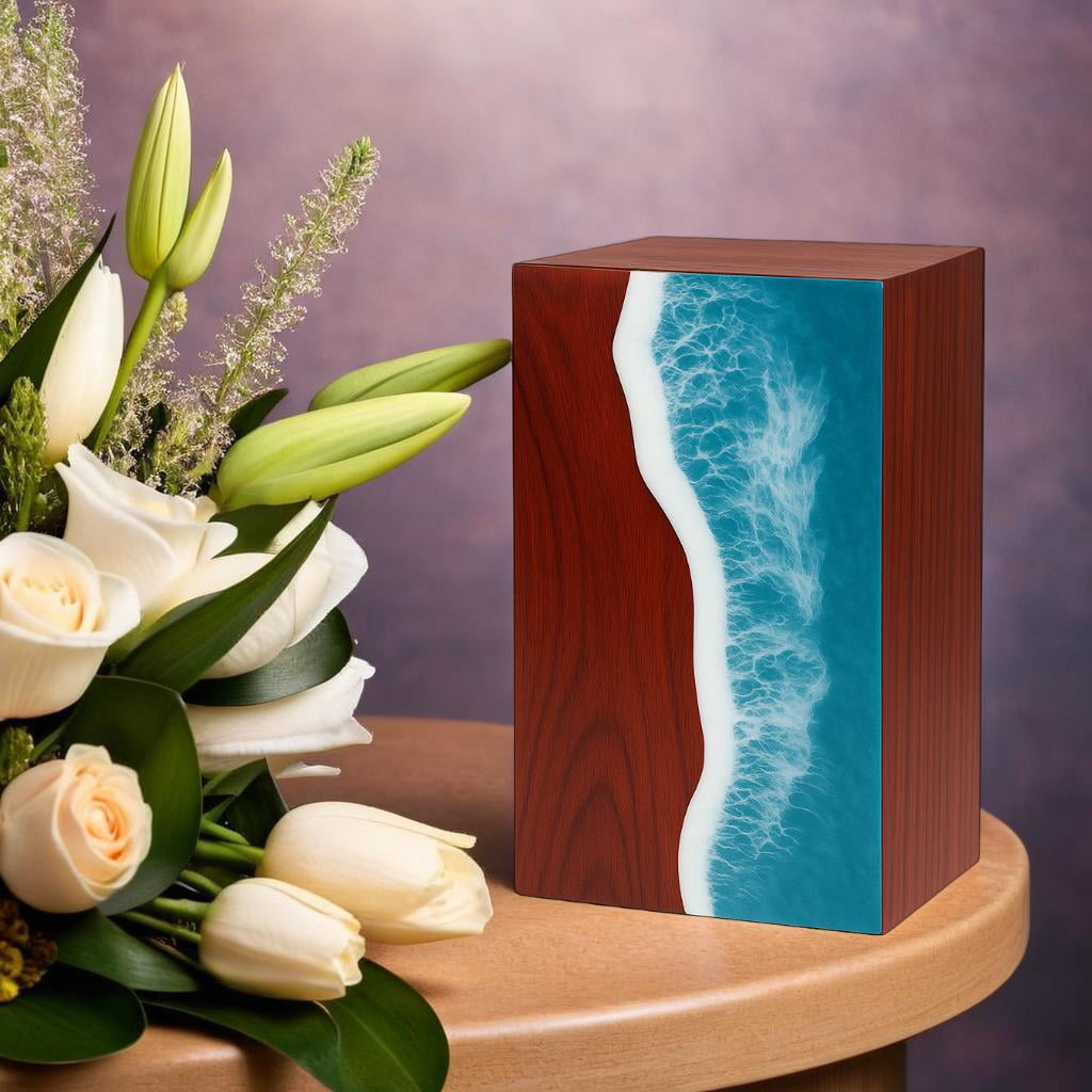 Wooden Urns for Human Ashes Adult Cremation Urns for Human Ashes Ocean Wave Design Wooden Urn Box Memorial Cremation Urn Box for Human & Pet Ashes