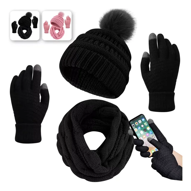 3en1 Gorro Bufanda Guantes Tejido Invierno Para Frío Mujer