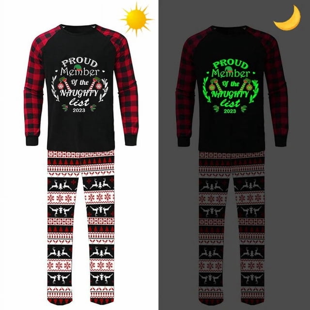 Pijamas navideños a juego, conjunto luminoso de elfo travieso brillante, 2023