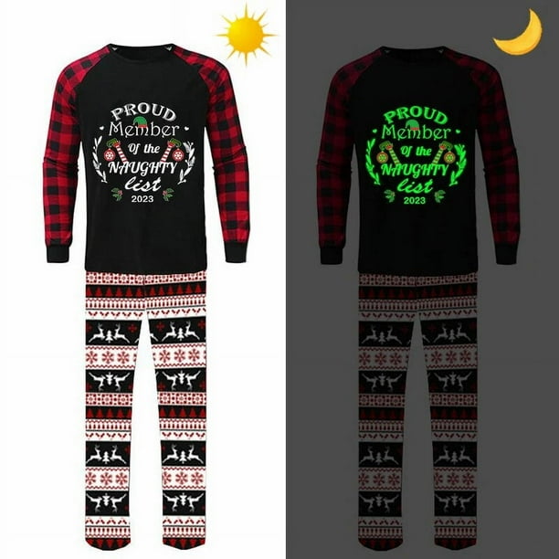 Pijamas navideños a juego, conjunto luminoso de elfo travieso brillante, 2023