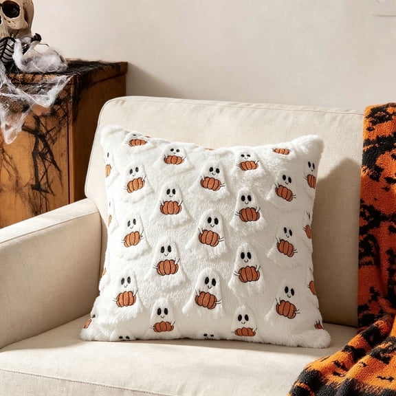 Halloween Throw Pillow Covers 18x18, Ivory Cute Ghost Hugging Pumpkin, Soft Plush for Spooky Season & Cozy Fall Decor.