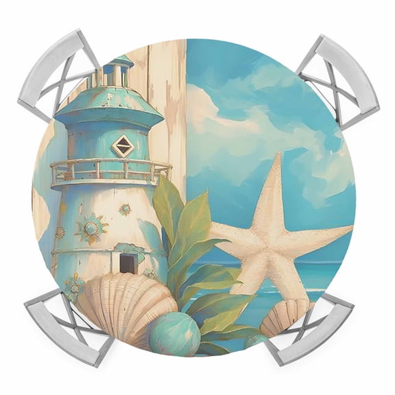 Blue Coastal Round Tablecloth for 45-54 Inch Tables,Fitted Table Cover with Elastic Edge,Watercolor Nautical Starfish Lighthouse Beach Waterproof Outdoor Table Cloth Protector for Patio Garden Dinner