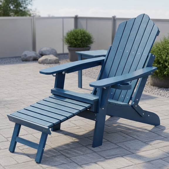 Topcobe All-Weather HIPS Patio Adirondack Lounge Chair with Retractable Footrest, Outdoor Patio Furniture for Garden Backyard Pool Deck-Navy