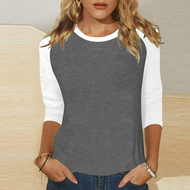 Trendy Women's T Shirts Casual Tops For Everyday Wear Stylish Color Block Design For Spring And Fall Versatile Round Neck 3/4 Sleeve Blouses Womens Casual Work Tops Compression Shirts Women Long