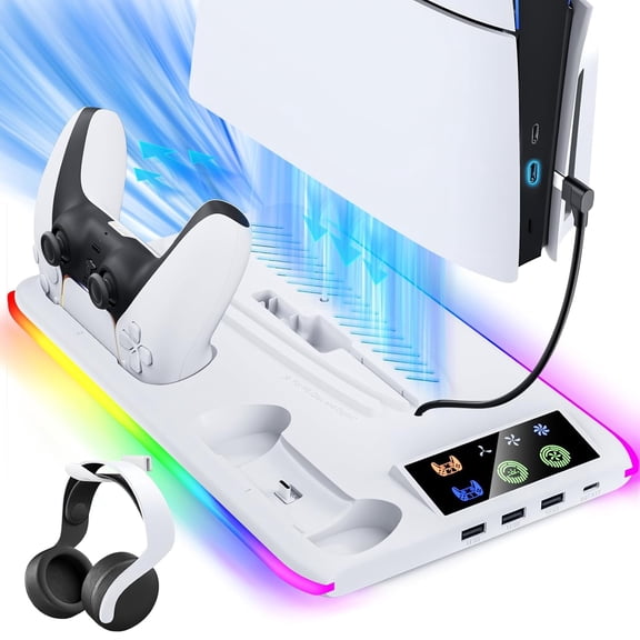 PS5/Slim Cooling & Charging Station,PS5/Slim Stand for Disc & Digital Console,PS5 Controller Charger,PS5 Slim Accessories with 3 Charging Ports, Cooling Fan, Headset Holder