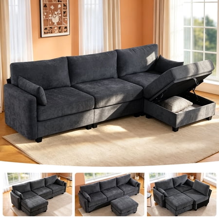 109" L-Shaped Modular Sectional Sofa with Sleeper Bed, Storage & Movable Ottomans, Oversized Deep Seat Cloud Couch, Convertible 4-Seat Sofa for Living Room or Apartment (Gray, High Legs 3.15")