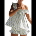 thumbnail image 1 of Conjunto de Pijama con Estampado Floral y Pantalones Cortos Casuales para Mujer, Conjunto Casual de Dos Piezas. Pequeña Flor Azul S, 1 of 8