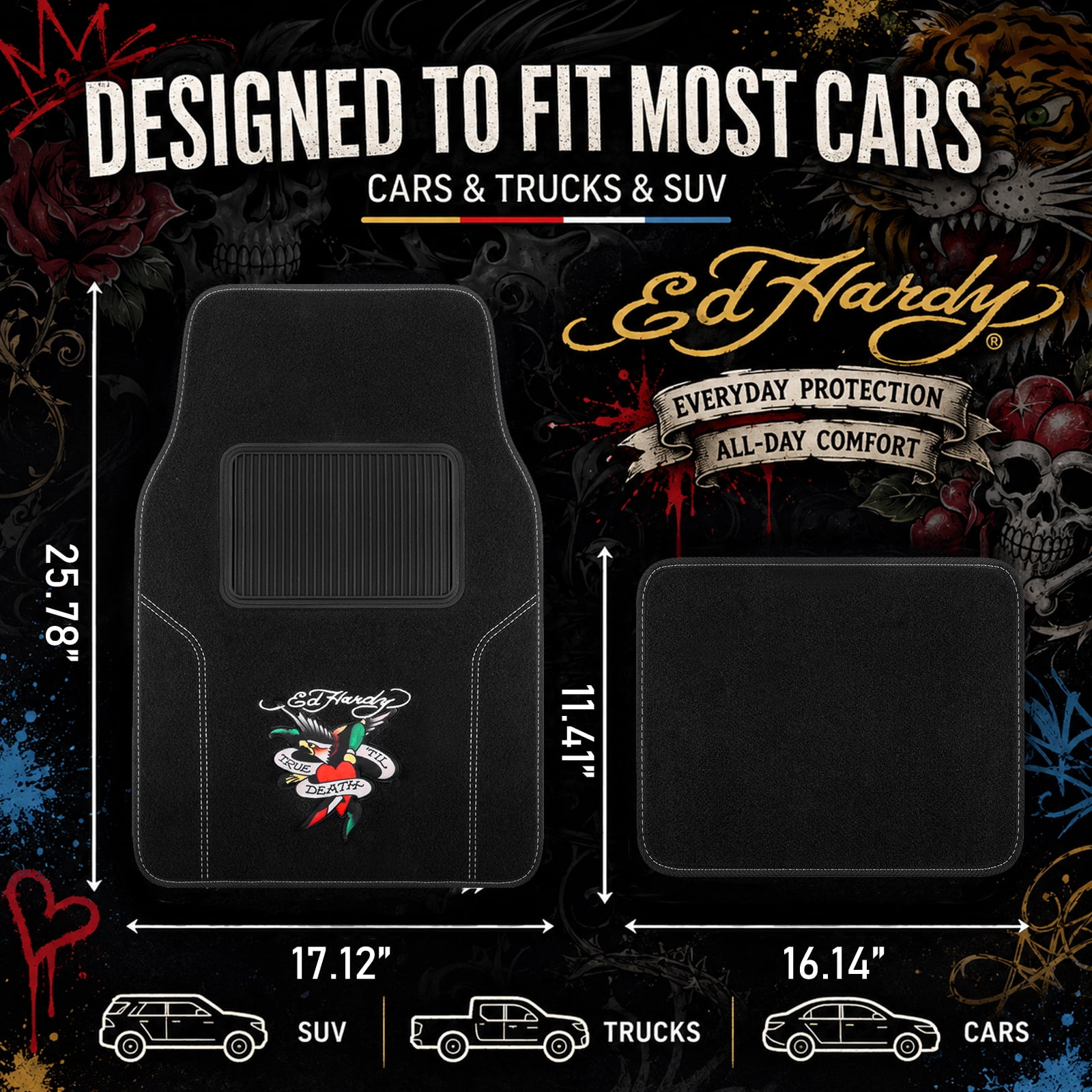 Ed Hardy Car Floor Mats, Fashion Print Carpet Floor Mats Set with Dagger Heart & Eagle Graphic, Faux Leather Floor Mats, Front and Rear Interior Protection for Cars, Trucks and SUVs