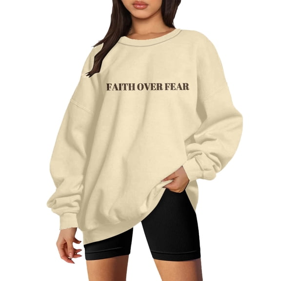 Tiweut Oversized Christian Sweatshirt Women Faith Over Fear Sweater Christian Religious Sayings Pullover Long Sleeve Shirt,Beige,L