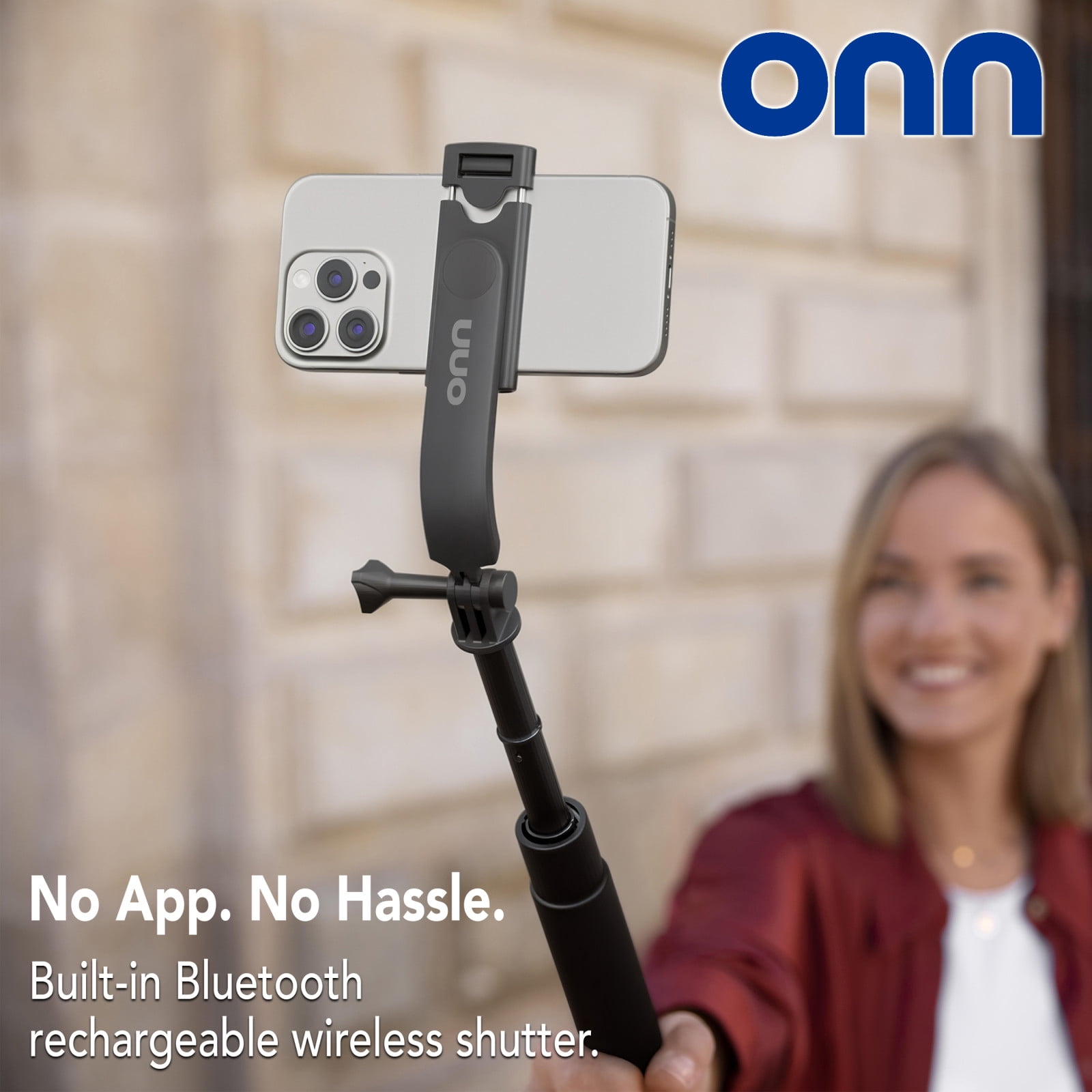 Onn Bluetooth Selfie Stick – Extendable to 40 in, 360° Rotating & Tilting Clamp with Built-In Rechargeable Shutter and Universal Camera Mount