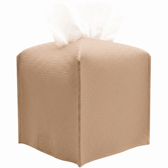 PU Leather Square Tissue Box Cover Holder with Bottom Velcro Strap, Decorative Tabletop Tissue Organizer for Home Bathroom Car Office, Beige