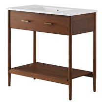 Sink Vanity Cabinet, Walnut White, Wood, Mid Century Hotel Bedroom Bathroom, Modern Contemporary HB36491