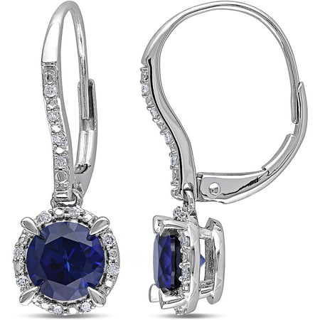 2 Carat T.G.W. Created Blue Sapphire and Diamond-Accent 10kt White Gold Leverback Halo Earrings