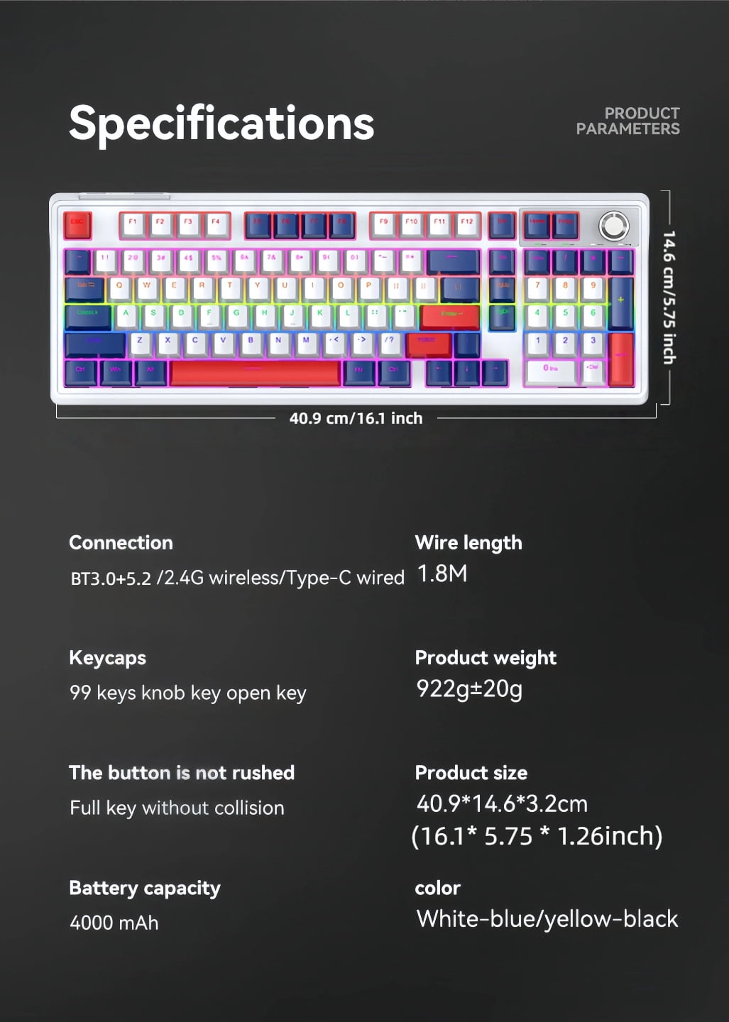 Tri-Mode Wireless Mechanical Gaming Keyboard, 99-Key + Knob, Dual Bluetooth+2.4G+Wired, 4000mAh, Hot-Swappable RGB, for PC/Laptop/Tablet/Xbox/PS5 - White & Blue