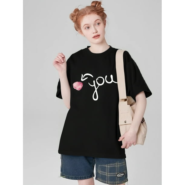 Camiseta romántica exclusiva de San Valentín con estampado de corazón "ME YOU", 100 %, cuello redondo informal, tejido de punto ligero y cómodo, con diseño de pétalos de rosa, para parejas, ideal para