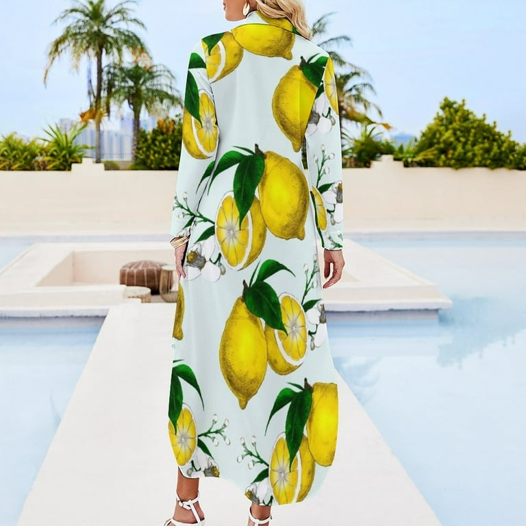 Cute Lemon Print on Blue Background Long Sleeved Shirt Dress loose women's  dress dresses for special events