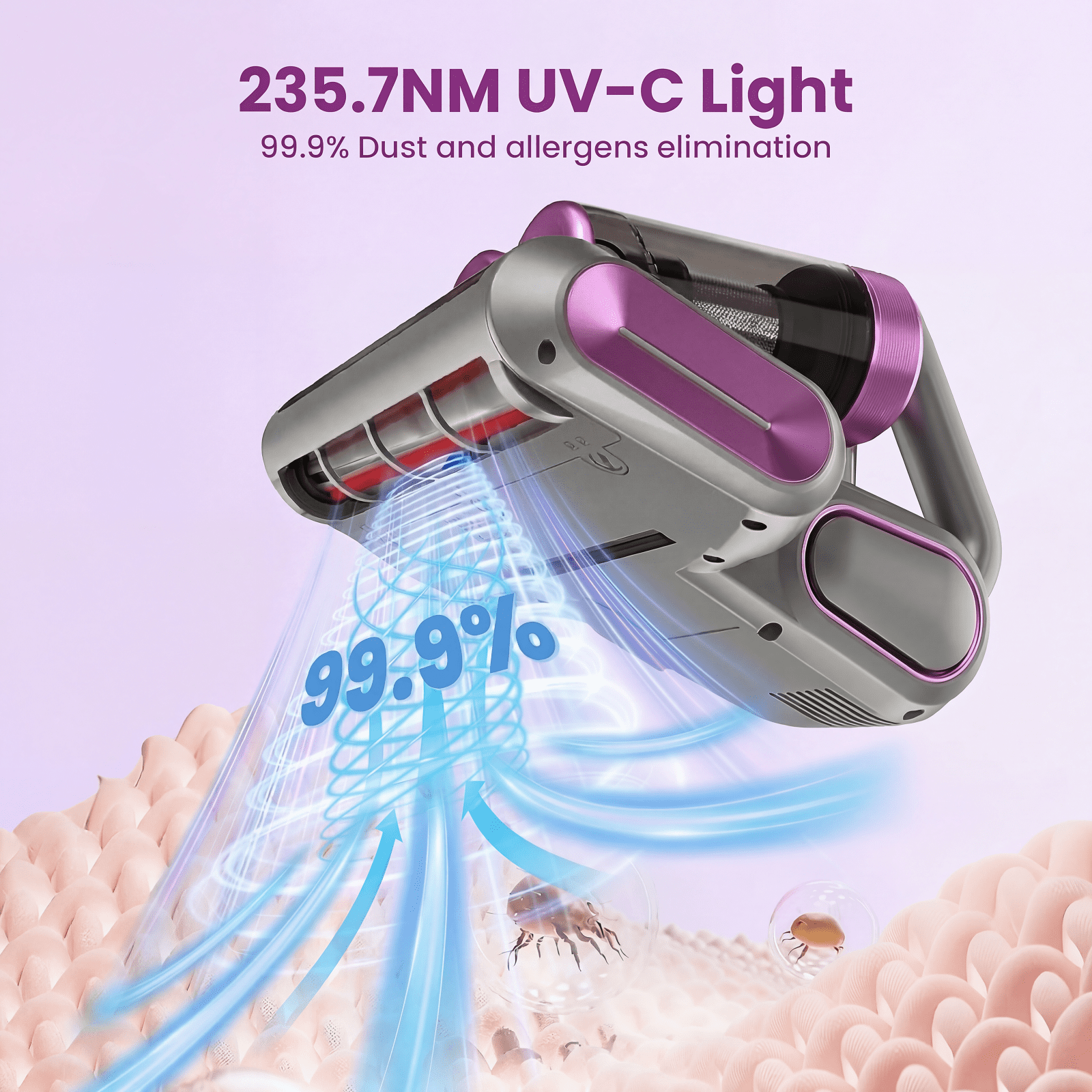 KANFUAQ Mattress Vacuum Cleaner, 18Kpa/30Mins Cordless Bed Vacuum with UV Light & LED Display, Handheld Vacuum for Bed Couch Crib Purple