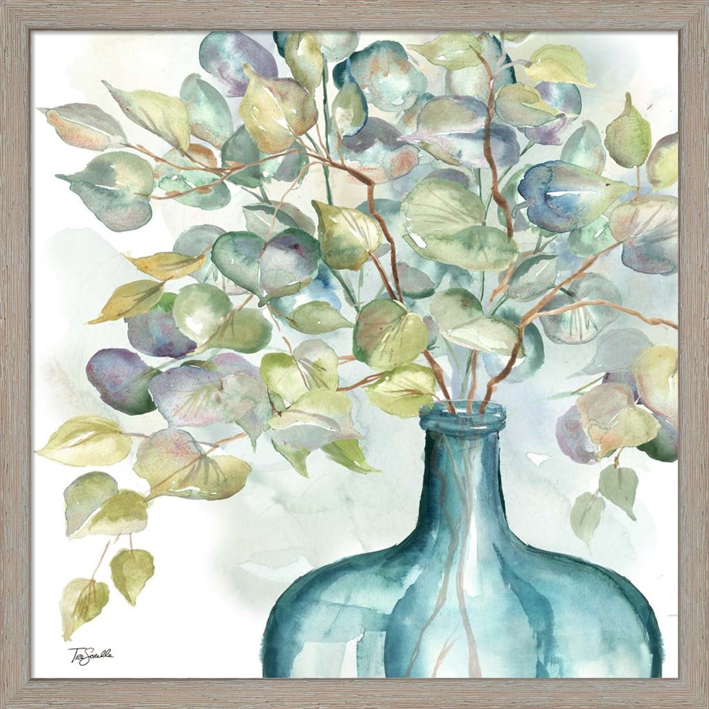 Eucalyptus in Mason Jar Framed Wall Art with Distressed White Wash Frame