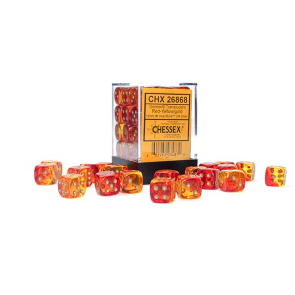 Chessex CHX26868 12 mm Gemini D6 Translucent Cube, Red, Yellow & Gold - Pack of 36