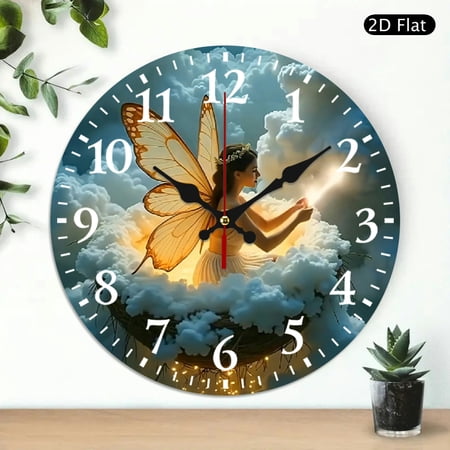Round Fairy Butterfly Wall Clock Decorative Silent Non Ticking Clock for Home Decor 10x10 Inch 1pc Battery Not Included