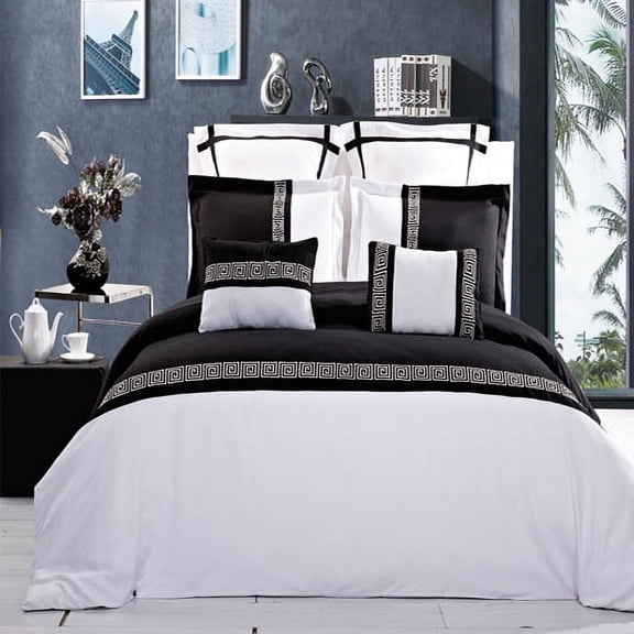 Astrid Embroidered 8-Piece Duvet Cover Set, Down Alternative Comforter Set- Full/Queen - Black