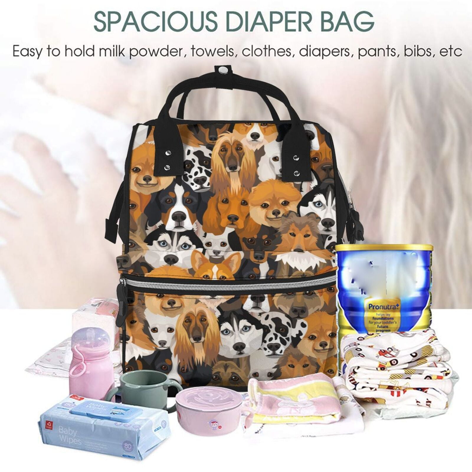 Ratiio Dogs Different Breeds Mummy Backpack - Waterproof Twill Canvas, Large Capacity Diaper Bag with Multiple Pockets and Adjustable Straps